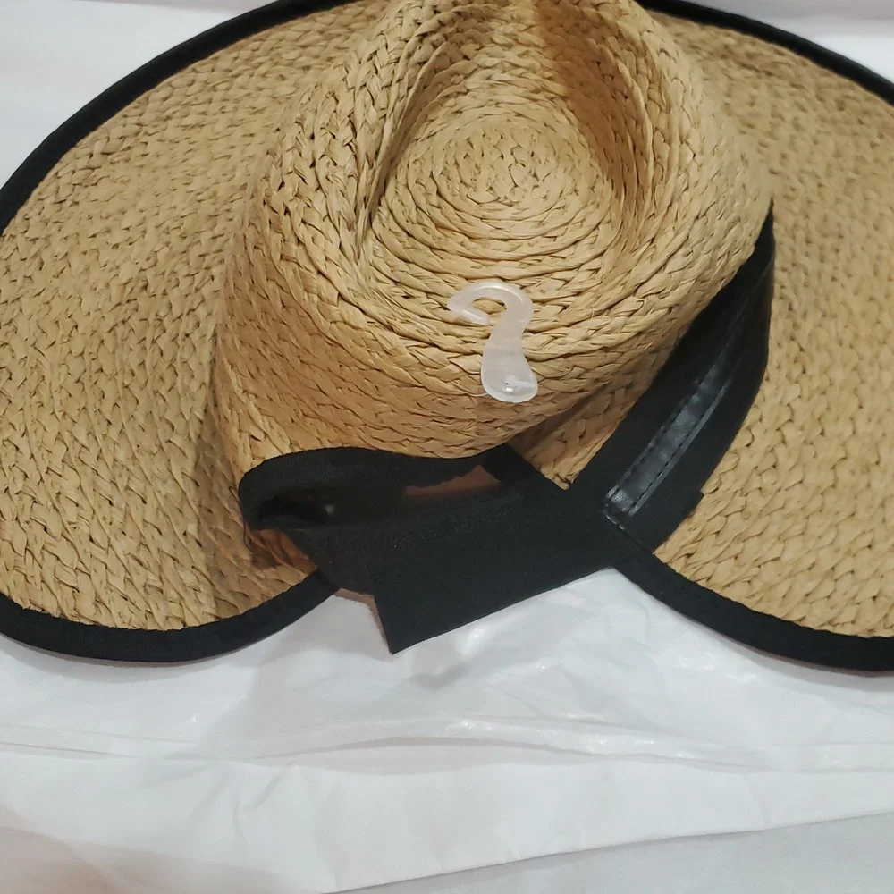 Vince Camuto tan and black ribbon trim straw fedora‎ summer UPF 50+ sun hat new